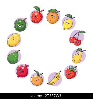Süße Kawaii-Früchte im Cartoon-Stil. Obstsammlung. Obstsymbole, Aufkleber, Maskottchen. Fruchtzeichen. Kreisförmige Rahmenvorlage. Vektorillust Stock Vektor