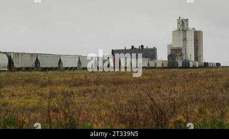 Güterzüge und Trichterwagen parkten an einem Abstellgleis in der Nähe eines Getreideaufzugs vor einer kleinen Stadt in Nebraska an einem grauen und düsteren Tag. Stockfoto