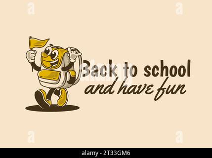 Zurück in die Schule und viel Spaß. Vintage-Maskottchen-Figur-Illustration einer wandelnden Schultasche mit einer Flagge Stock Vektor