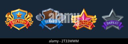 Abzeichen für die Benutzeroberfläche des Spiels „Sieg und Niederlage“. Cartoon Vektor Set von Win and Lose Etiketten mit Bändern in Form von Schild und Stern. Erfolgreich und nicht erfolgreich bei der Übergabe der Ebene oder beim Abschließen des Aufgabenergebnisses. Stock Vektor