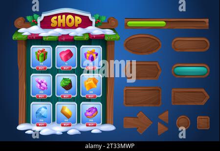 Menütafeln, Schaltflächen und Shop-Design der Spielbenutzeroberfläche. Karikaturvektor-Illustration des Winter-gui-Fensters des hölzernen schneebedeckten Speicherregals mit Weihnachtsdekoration, heiliger Pflanze und Einzelteilen Feind verkaufen Stock Vektor