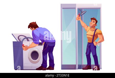 Installateur Service Reparatur Bad zu Hause Illustration. Hausinstandhaltungstechniker, der kaputte Dusche und Waschmaschine repariert. Symbole der Arbeitskraft, die auf Undichtigkeiten im Flachbad prüfen Stock Vektor