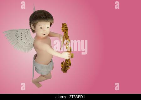 3D-Illustration, Cupid-Engel für Valentinstag und GRUSSKARTE auf rosa Hintergrund. Stockfoto