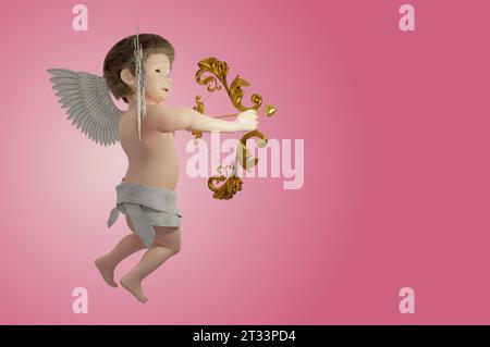 3D-Illustration, Cupid-Engel für Valentinstag und GRUSSKARTE auf rosa Hintergrund. Stockfoto