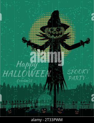Happy Halloween Party Poster gruselige Vogelscheuche dunkle Landschaft, Grab, Mond Stock Vektor