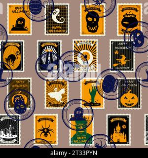Nahtloses Muster Halloween, alte Briefmarken, Postvintage Stock Vektor