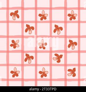 Tapete mit Karomuster und nahtlosem Blumenmuster. Hand gezeichnete Doodle Blumen Cottagecore Chintz rustikaler botanischer Hintergrund Stock Vektor