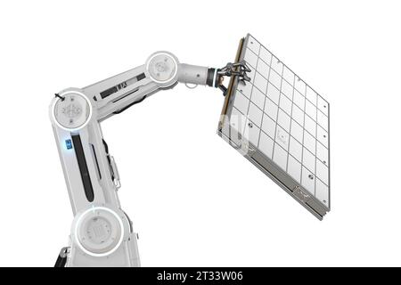 Automatisierung der Batterieproduktion mit 3D-Rendering-Elektrobatterien, die von Roboterarmen isoliert hergestellt werden Stockfoto