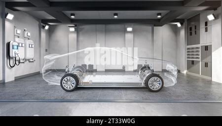 3D-Rendering-Heimgarage mit Ladegerät für Elektroauto Stockfoto