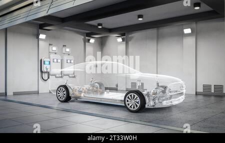 3D-Rendering-Heimgarage mit Ladegerät für Elektroauto Stockfoto