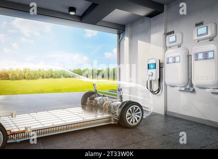 3D-Rendering-Heimgarage mit Ladegerät für Elektroauto Stockfoto