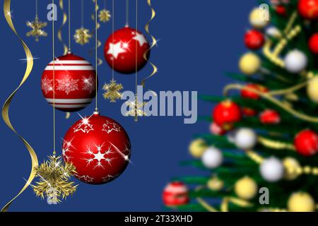 3D-Darstellung. Weihnachten. Weihnachtsdekoration und Tanne Baum mit blauen Hintergrund eingerichtet. Stockfoto