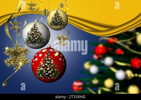 3D-Darstellung. Weihnachten. Weihnachtsdekoration und Tanne Baum mit blauen Hintergrund eingerichtet. Stockfoto