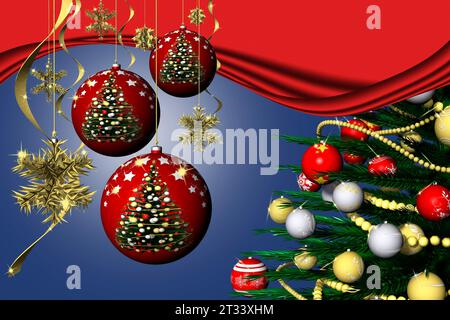 3D-Darstellung. Weihnachten. Weihnachtsdekoration und Tanne Baum mit blauen Hintergrund eingerichtet. Stockfoto