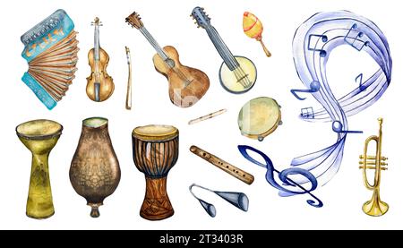 Set von lateinischen Volksmusikinstrumenten Aquarellillustration isoliert auf weißem Hintergrund. Handgezeichnetes Akkordeon, Trommeln, Dreifachschlüssel. Elemente für ein m Stockfoto