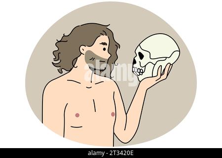 Ein Neandertaler, der mit dem Schädel seiner Vorfahren spricht. Prähistorisches Männchen mit uraltem menschlichen Kopf-Hirn in den Händen. Vektordarstellung. Stock Vektor