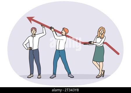 Lächelnde Geschäftsleute, die mit dem Pfeil nach oben zeigen, arbeiten zusammen, um gemeinsam erfolgreich zu sein. Zufriedene Mitarbeiter zeigen finanziellen Erfolg oder steigen auf. Vektordarstellung. Stock Vektor