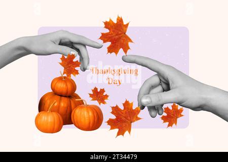 Artwork Collage aus zwei schwarz-weißen Farben Arme Finger REACH Touch Connect Mini Stapel Kürbis gefallene Ahornblätter Thanksgiving Tag Plakat Stockfoto