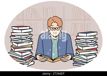 Ein kluger junger Mann mit Brille sitzt in der Bibliothek und liest Bücher. Ein cleverer Kerl lernt gerne an seinem Schreibtisch mit Lehrbuchstapeln. Vektordarstellung. Stock Vektor
