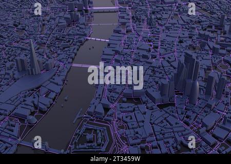 Luftaufnahme der Innenstadt von London, Großbritannien. Niedrige Poly-Miniaturstadt mit dunklen 3D-Gebäuden. Konzept für Internet, Verkehr, Smart City, Digitalisierung. Stockfoto