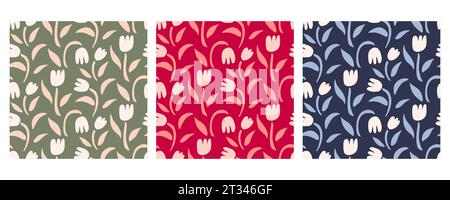 Tulpen Blumen-Set Mit Nahtlosem Muster Stock Vektor