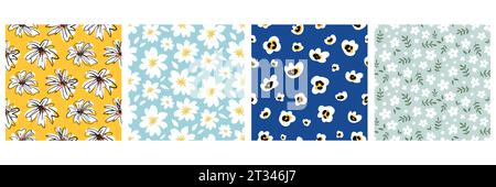 Handgezeichnetes Blumen-Nahtloses Muster-Blumen-Set Stock Vektor