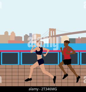 Vektorillustration zum Laufen und Laufen mit New York City Silhouette. Sporttypografie, T-Shirt, Poster, Druck, Banner, Flyer, Postkarte. Stock Vektor