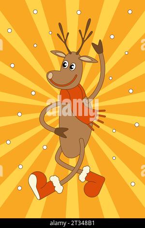Tanzende Weihnachts-Rentier in trendigem Retro groovigem Stil.Vektor-Illustration Stock Vektor