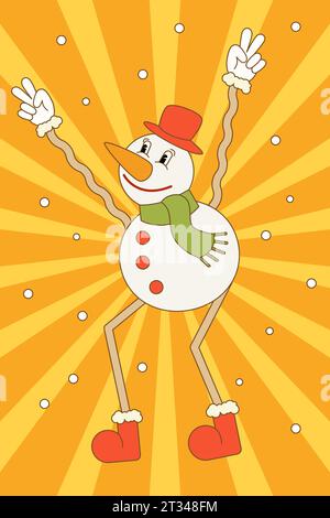 Tanzender Schneemann. Vektorillustration im groovigen Stil für Karten, Flyer, Poster Stock Vektor
