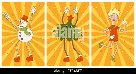 Tanzender Schneemann, Weihnachtsbaum und Mädchen. Vektorillustration in groovigem Stil. Stock Vektor