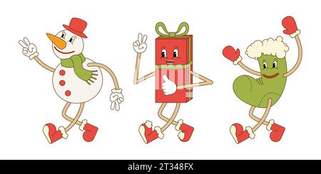 Drei Cartoon-Weihnachtsfiguren. Schneemann, Geschenk, Weihnachtsstrumpf Stock Vektor