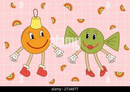 Neujahrsbaumdekorationen in Cartoon Retro groovy Stil.Vektor Illustration Stock Vektor