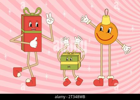 Neujahrsgeschenke in Cartoon Retro groovy Stil.Vektor Illustration Stock Vektor