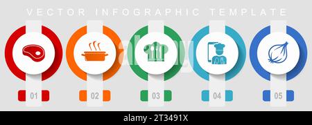 Food Flat Design Icon Set, verschiedene Symbole wie Steak, Topf, Kochmütze und Zwiebeln, Vektor Infografik Vorlage, Web Buttons Kollektion Stock Vektor