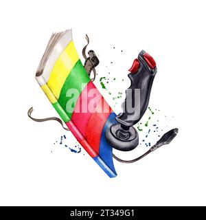 Komposition mit Magazin, Videospiel-Joystick und Kabel. Retro 90er Jahre Stil Druckdesign handgezeichnete Aquarellillustration isoliert auf weißem Hintergrund Stockfoto