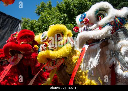 Typische chinesische Löwenpuppen. Wird bei chinesischen Neujahrsfeiern verwendet Stockfoto