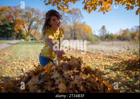 Das Kind legt im Herbst gelbes Blatt auf den Blatthaufen Stockfoto