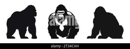 Setzen Sie das Gorilla-Logo. Schimpansen schwarze Silhouette Ikone isoliert Stock Vektor