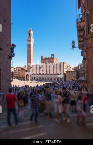 Siena, Toskana Italien, Tourist an einem sonnigen Herbsttag auf der Piazza del Campo in Siena, Italien Stockfoto