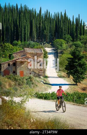 Nette ältere Frau, die ihr E-Mountainbike auf der berühmten weißen Schotterstraße von Eroica in der Nähe von Gaiole in der Ghianti-Gegend der Toskana, Italien, fährt Stockfoto
