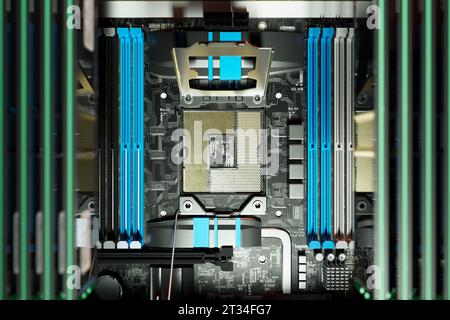 Der Prozess der Zusammenstellung modernster Computerkomponenten, einschließlich einer zentralen Prozessoreinheit und eines Arbeitsspeichers mit wahlfreiem Zugriff auf einer Hauptplatine. Technologie, Stockfoto