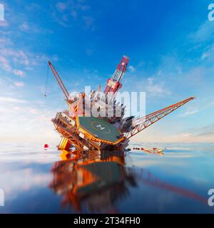 Luftaufnahme des Ölplatzunfalls. Eingestürzte sinkende Offshore-Plattform. Gefährliche Verschüttungen, Verschmutzung des Meeres oder der Meeresumwelt. Rettungsboote warten auf Wiederaufnahme Stockfoto