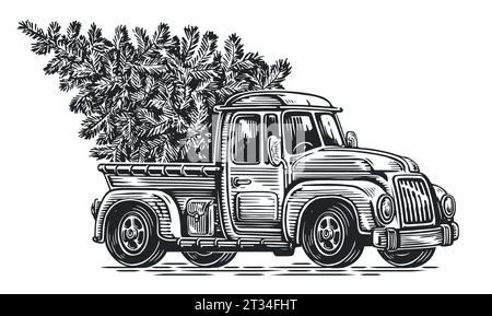 Handgezeichneter Retro-Farmwagen mit Weihnachtsbaum. Skizze Vintage Vektor Illustration Gravur Stil Stock Vektor