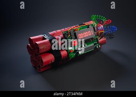 Ein 3D-Rendering-Bild einer Bombe aus TNT bleibt mit einem elektronischen Countdown-Timer, der eine Sekunde bis zur Explosion anzeigt. Bunte Kabel sind Stockfoto