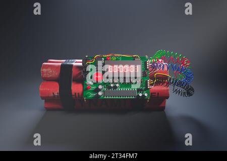 Ein 3D-Rendering-Bild einer Bombe aus TNT bleibt mit einem elektronischen Countdown-Timer, der eine Sekunde bis zur Explosion anzeigt. Bunte Kabel sind Stockfoto