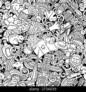 Skizzenhaftes Comic-Doodle-Muster mit einer Vielzahl von kanadischen Objekten und Symbolen, einschließlich Ahornblatt, Biber, Elch, Hockeyschläger, und Schnee. P Stock Vektor