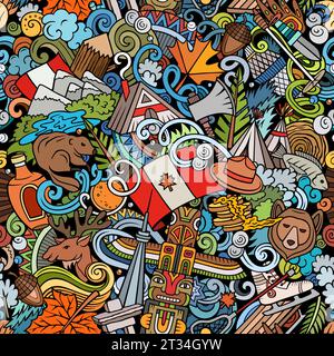 Buntes, nahtloses Muster aus Comic-Kritzeln mit einer Vielzahl kanadischer Objekte und Symbole, darunter Ahornblatt, Biber, Elch, Hockeystock, und Schnee. Stock Vektor