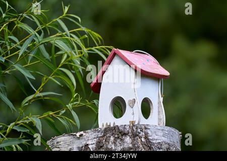 Altes verlassenes Vogelhaus, das in der Natur auf einem Baumstumpf steht Stockfoto