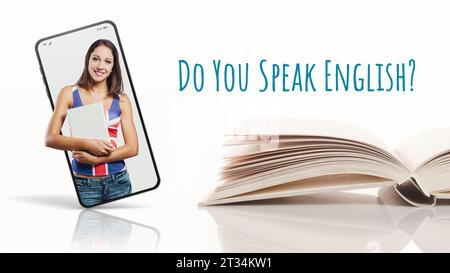 App zum Englischlernen, glückliche Schülerin auf dem Smartphone und offenes Lehrbuch, Online-Konzept zum Erlernen von Sprachen Stockfoto