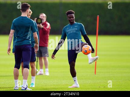 Arsenals Bukayo Saka während eines Trainings im London Colney Training Centre, Hertfordshire. Bilddatum: Montag, 23. Oktober 2023. Stockfoto